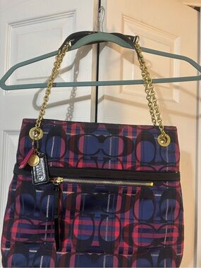 VINTAGE COACH TARTAN POPPY Plaid Navy and Magenta Chain-Handle Shoulder Bag